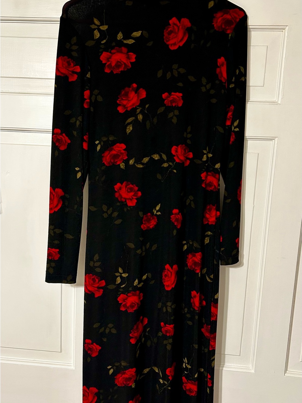 Black Floral Long Sleeve Maxi Dress with Red Rose Print